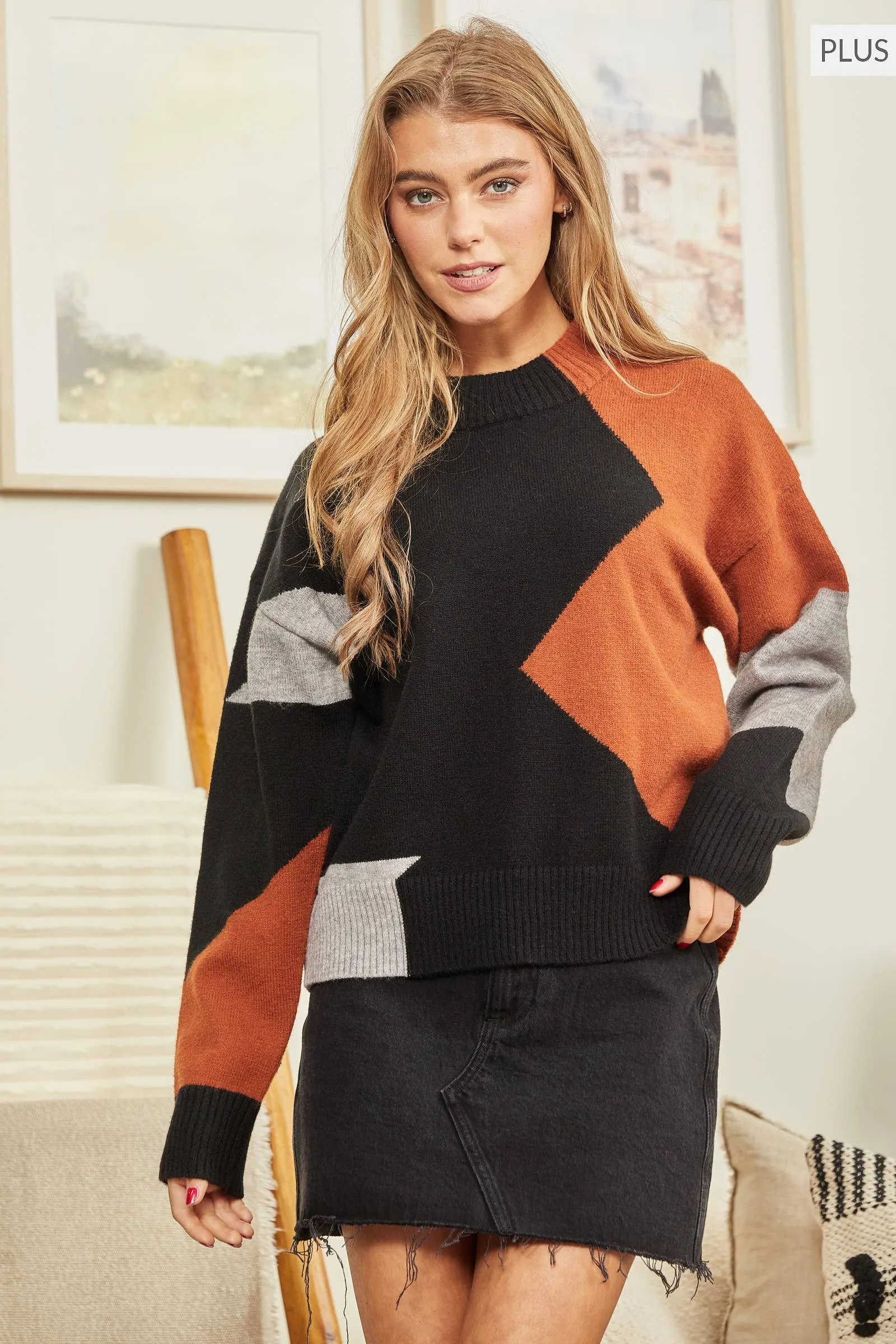 PLUS SIZE Colorblock Sweater BLACK MOCHA