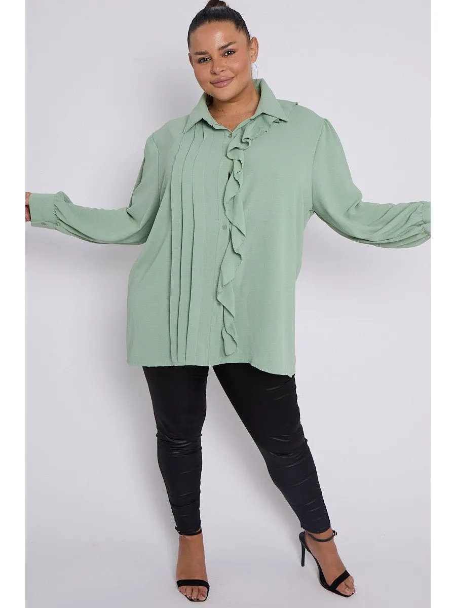 Plus Size Ruffle Detail Long Sleeve Button Through Shirt