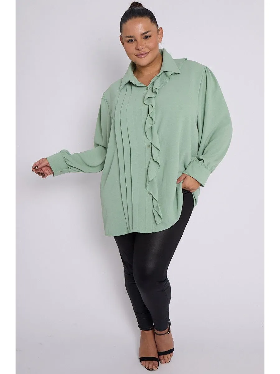 Plus Size Ruffle Detail Long Sleeve Button Through Shirt