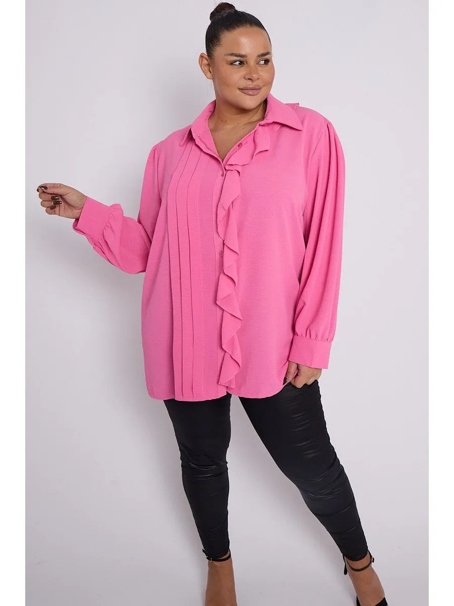 Plus Size Ruffle Detail Long Sleeve Button Through Shirt