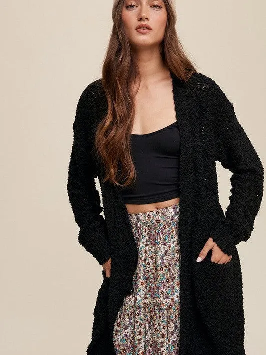 Popcorn Please Open Knit Long Cardigan