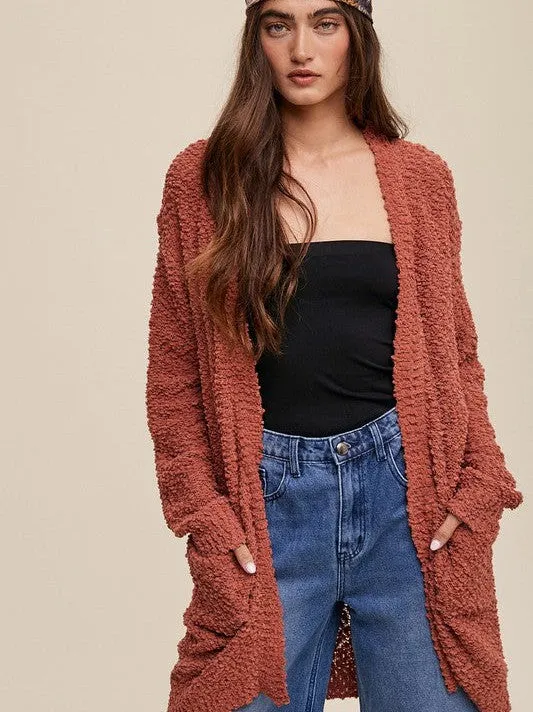 Popcorn Please Open Knit Long Cardigan