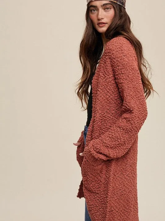 Popcorn Please Open Knit Long Cardigan