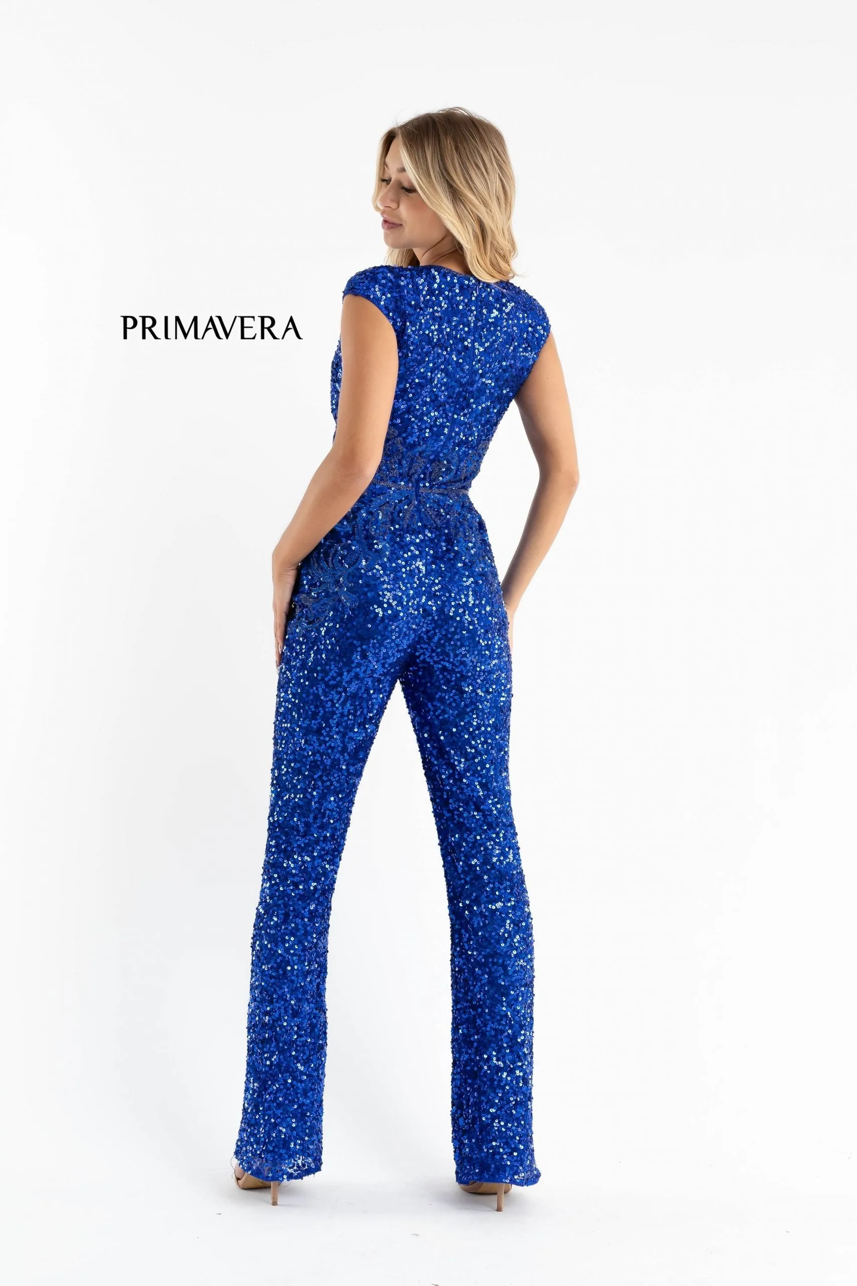 Primavera Couture 3775 Size 2, 6 Red Sequined Jumpsuit Beaded Waist and Hips Cap Sleeves