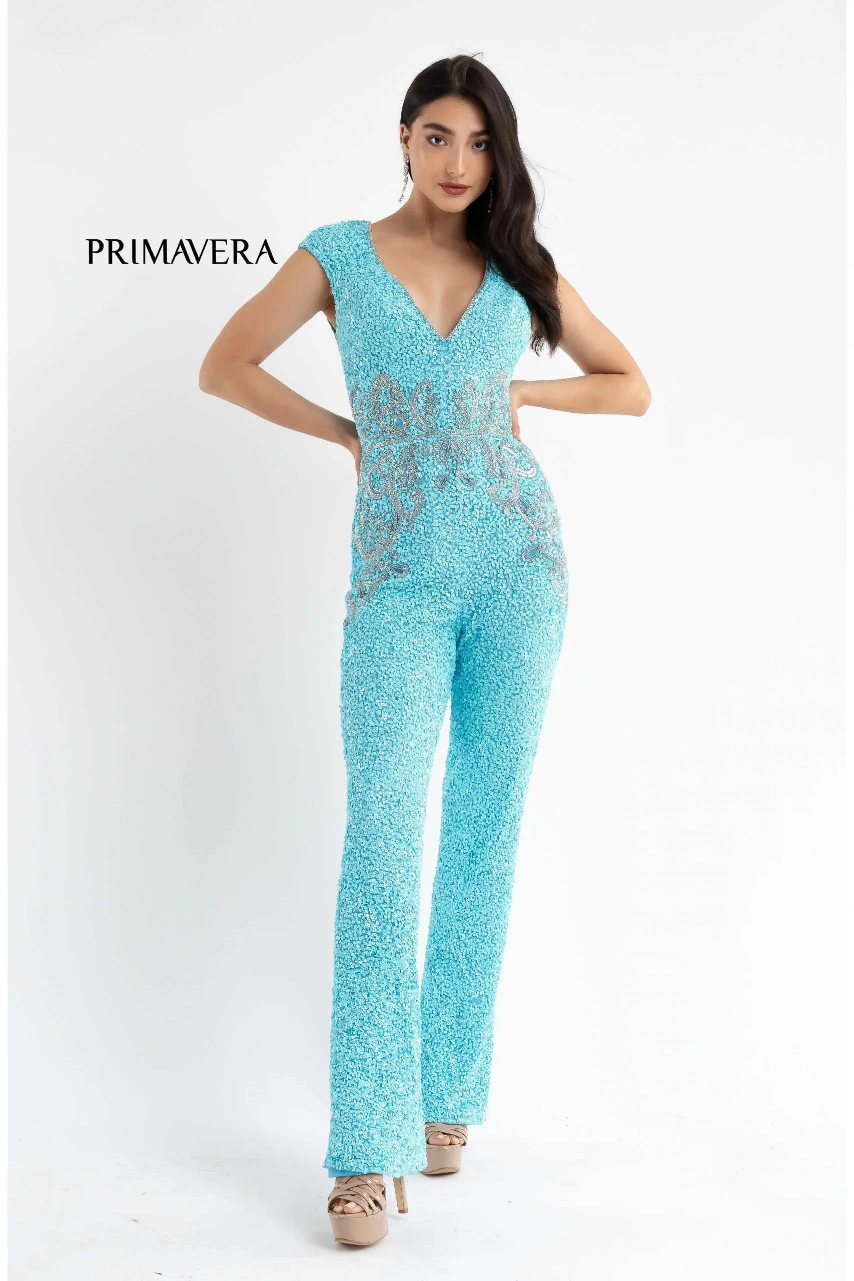 Primavera Couture 3775 Size 2, 6 Red Sequined Jumpsuit Beaded Waist and Hips Cap Sleeves