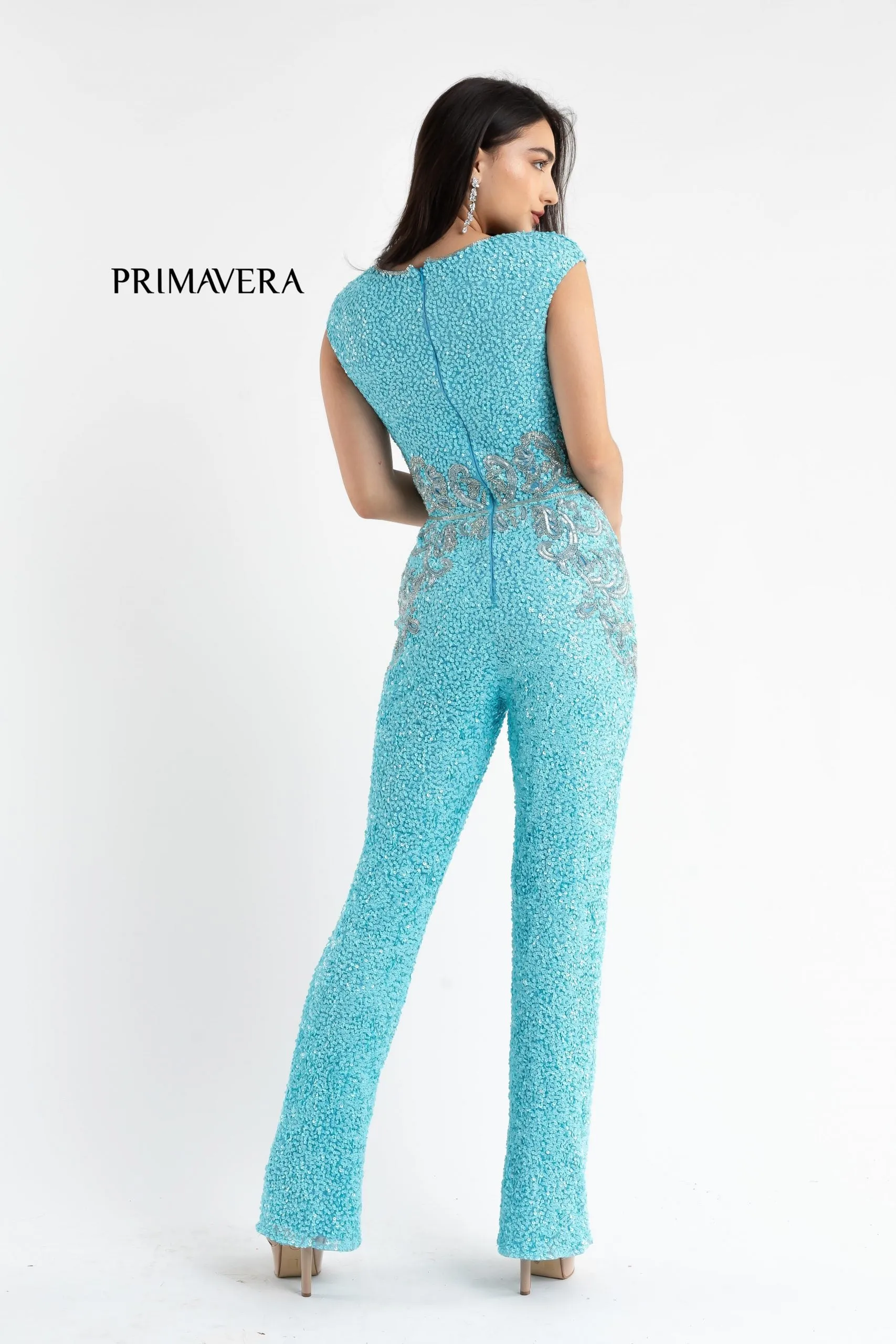 Primavera Couture 3775 Size 2, 6 Red Sequined Jumpsuit Beaded Waist and Hips Cap Sleeves