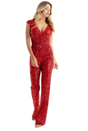 Primavera Couture 3775 Size 2, 6 Red Sequined Jumpsuit Beaded Waist and Hips Cap Sleeves