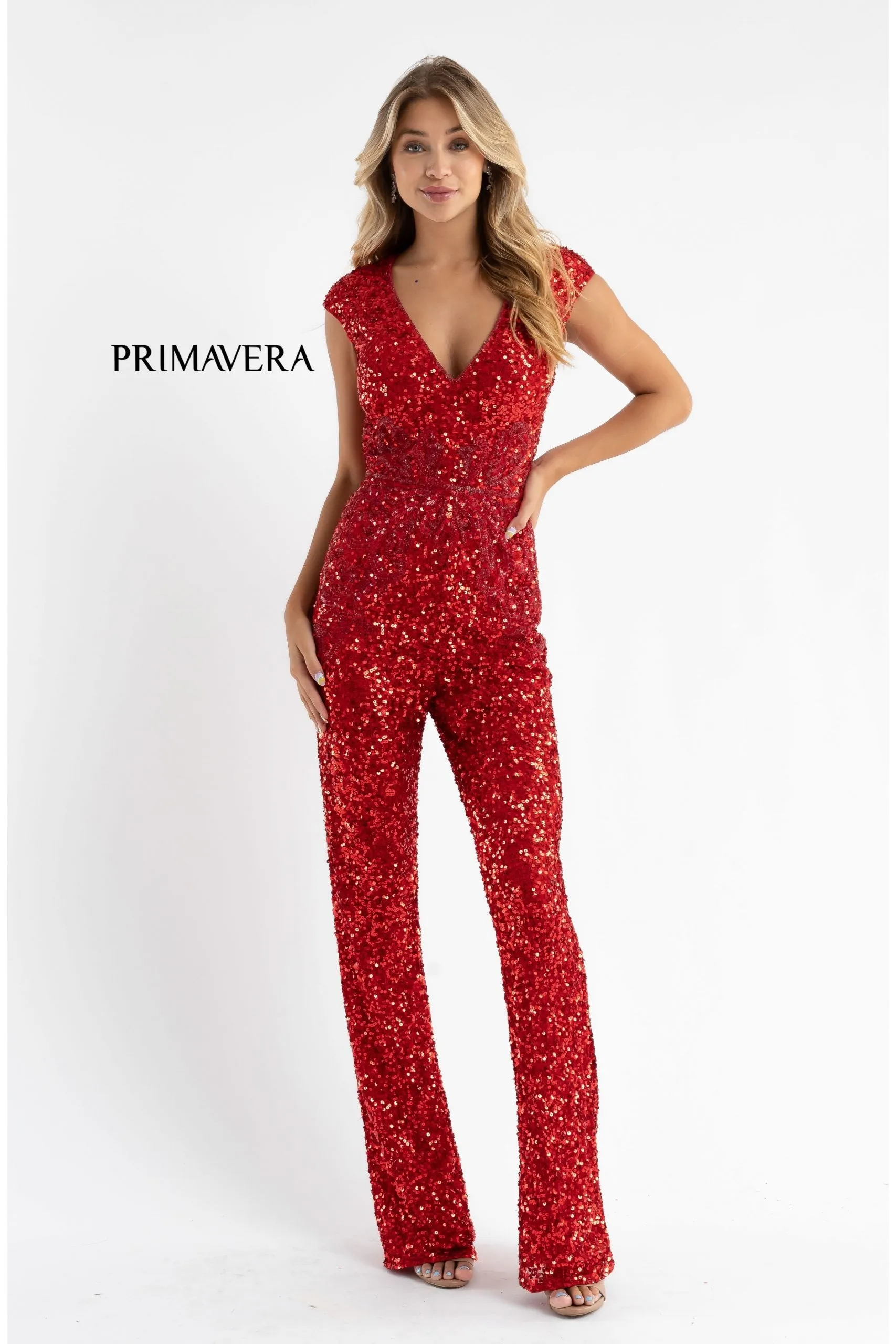 Primavera Couture 3775 Size 2, 6 Red Sequined Jumpsuit Beaded Waist and Hips Cap Sleeves