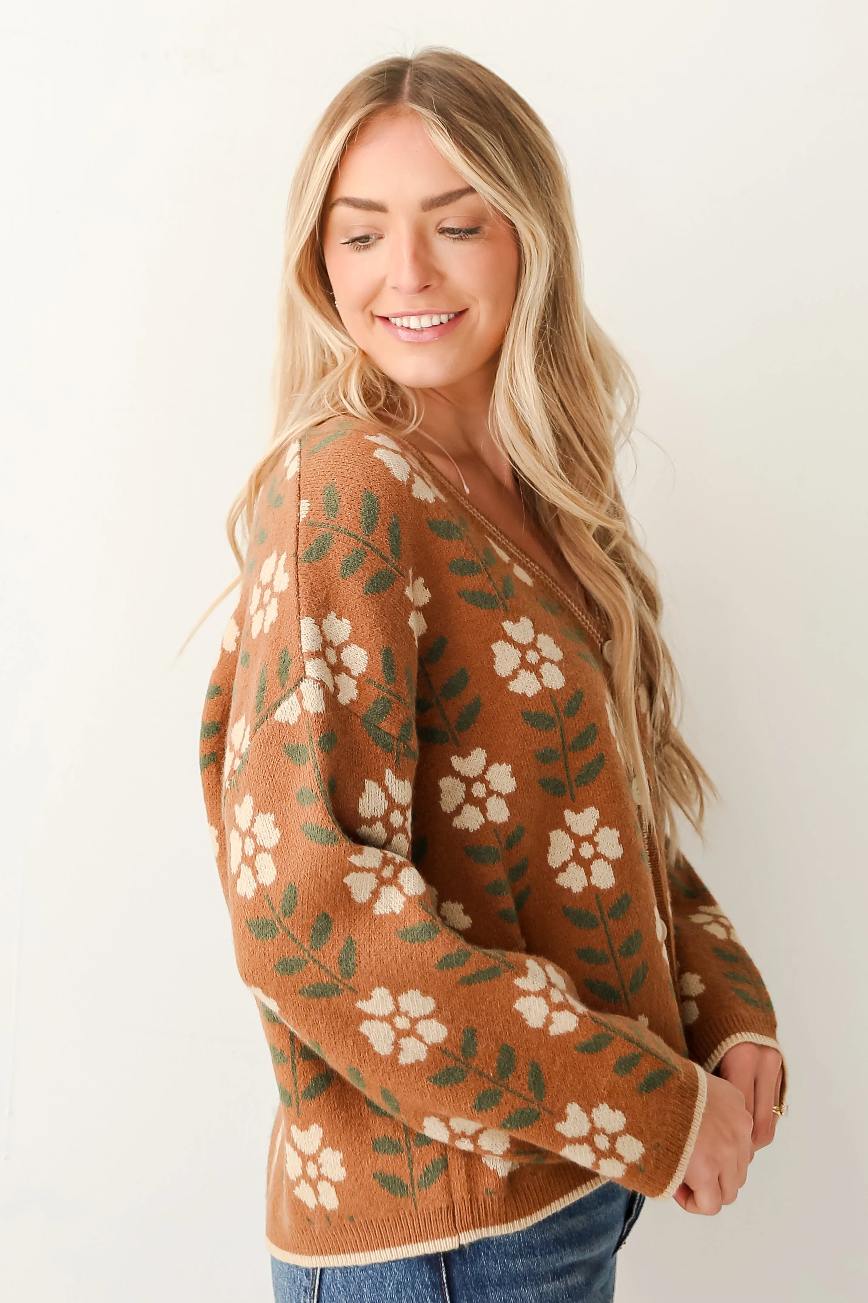 Promising Style Camel Oversized Floral Sweater Cardigan