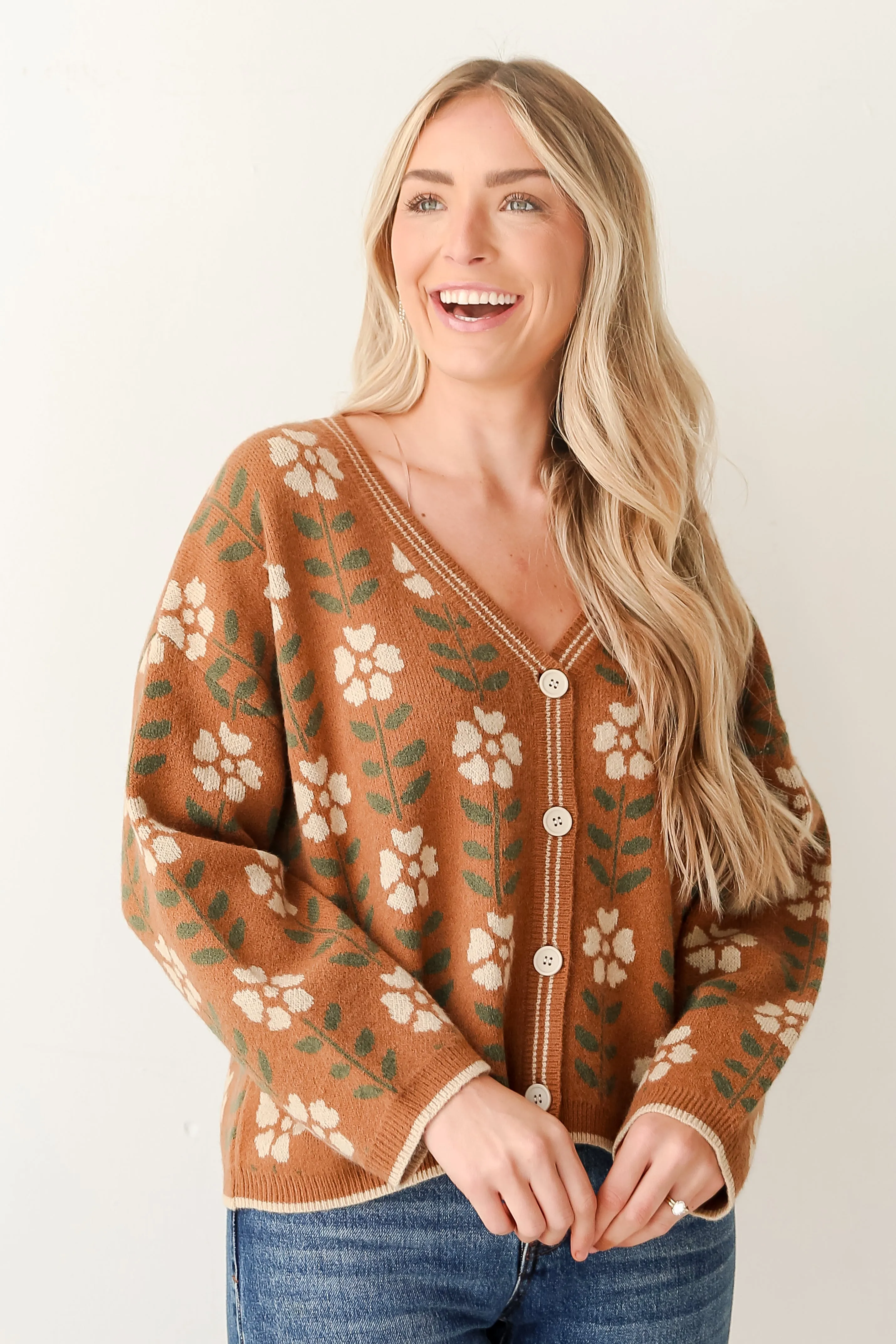 Promising Style Camel Oversized Floral Sweater Cardigan