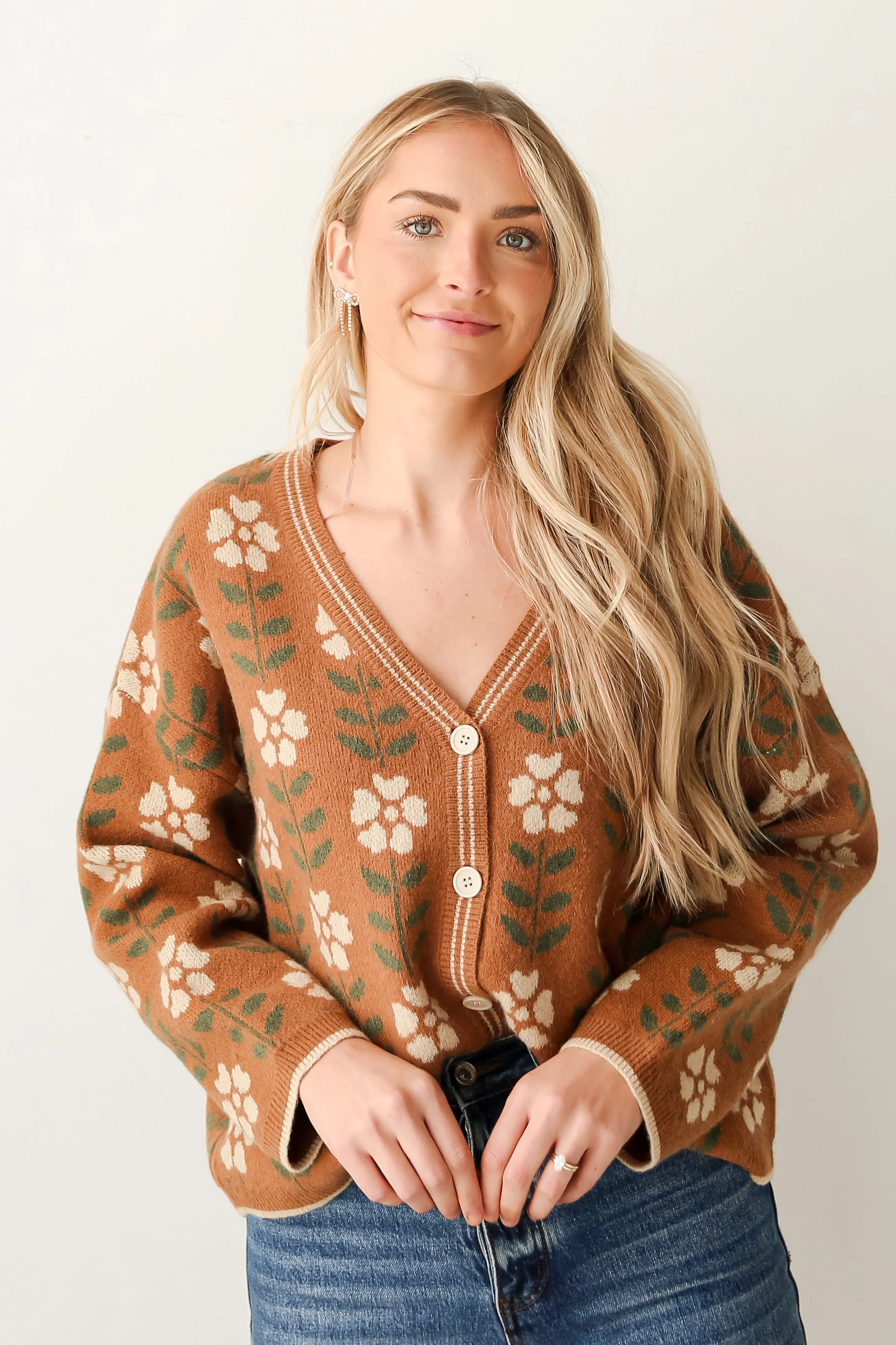 Promising Style Camel Oversized Floral Sweater Cardigan