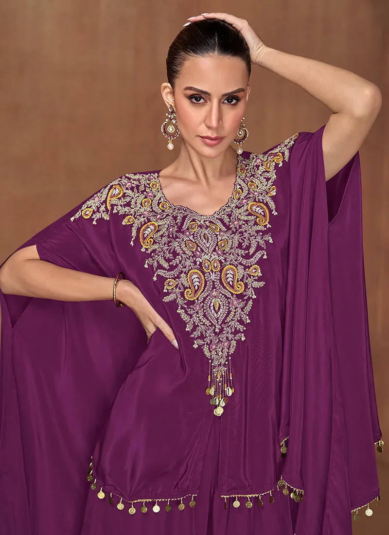 Purple Multi Embroidery Poncho Style Pant Suit