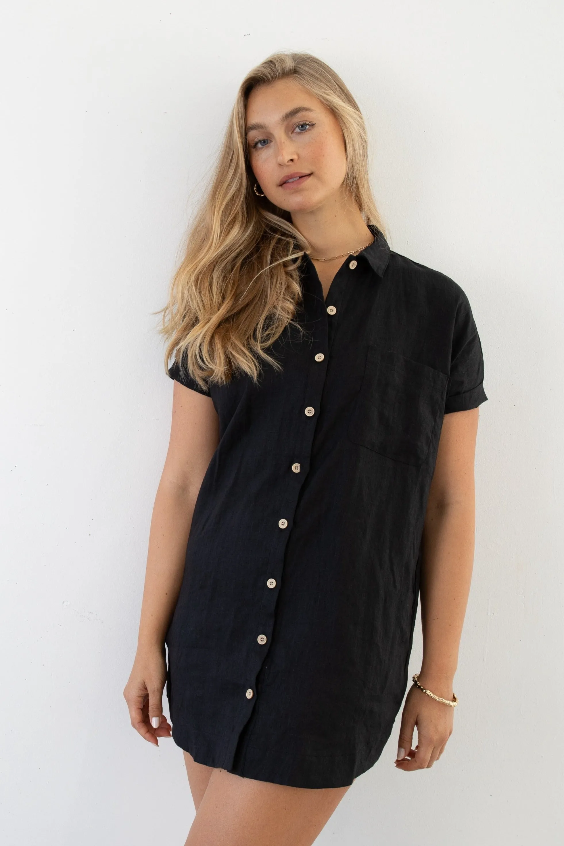 RAYLEIGH LINEN SHIRT DRESS - BLACK