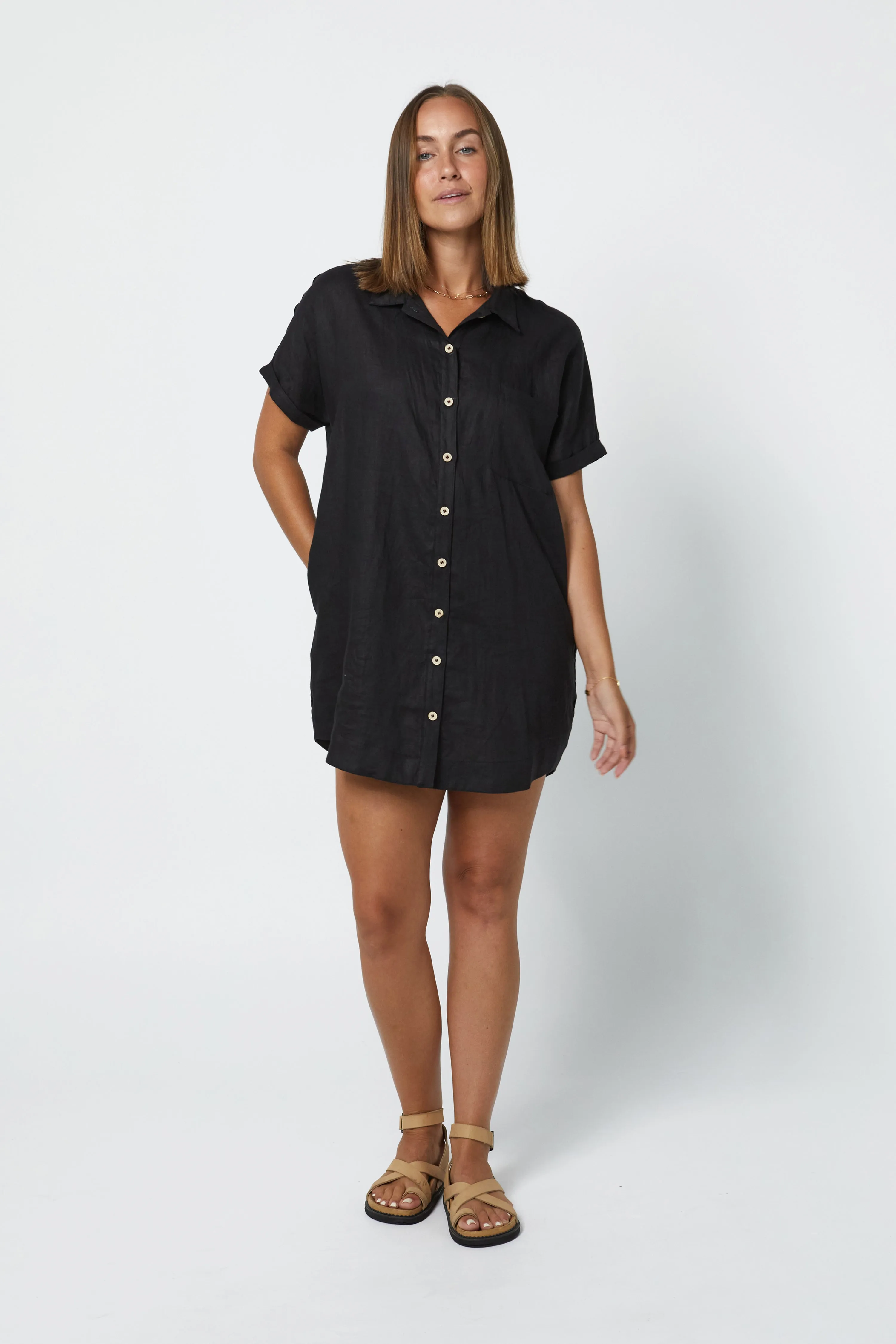 RAYLEIGH LINEN SHIRT DRESS - BLACK