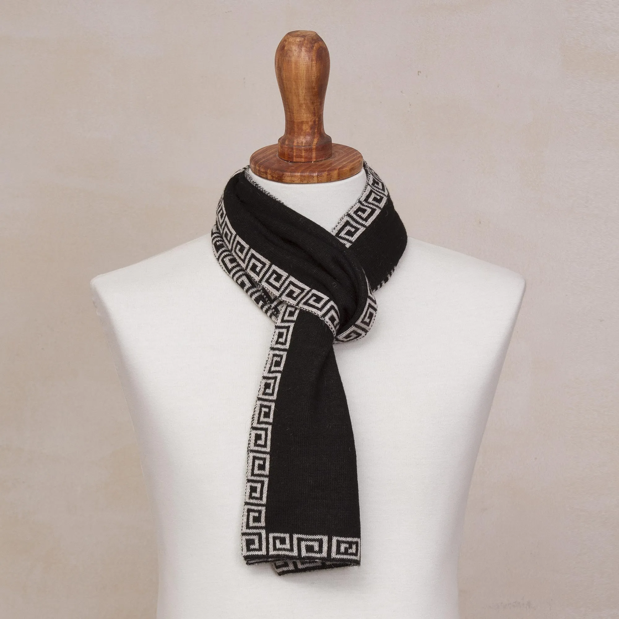 Reversible Ivory and Black Alpaca Blend Knit Scarf from Peru - Incan Inspiration | NOVICA