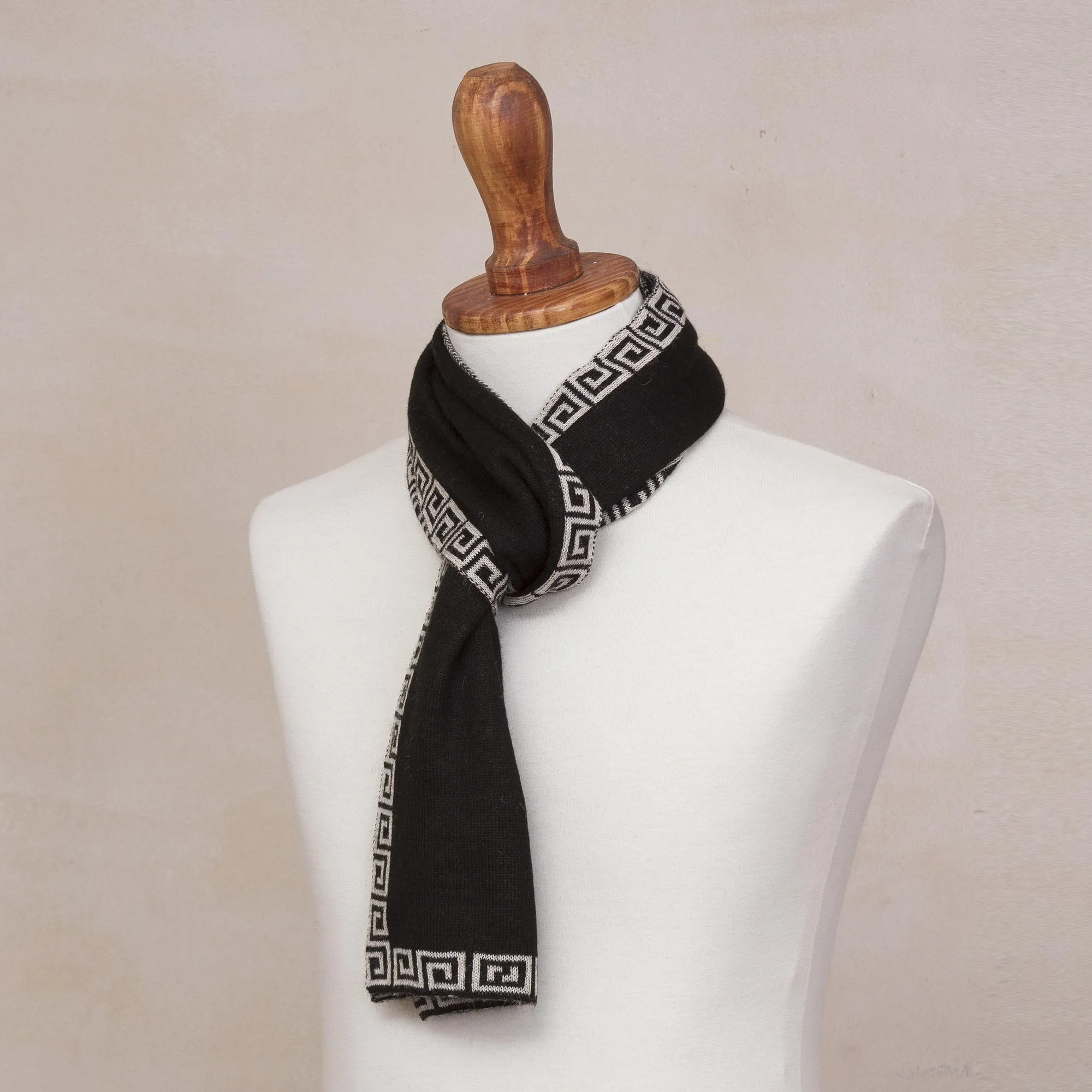 Reversible Ivory and Black Alpaca Blend Knit Scarf from Peru - Incan Inspiration | NOVICA