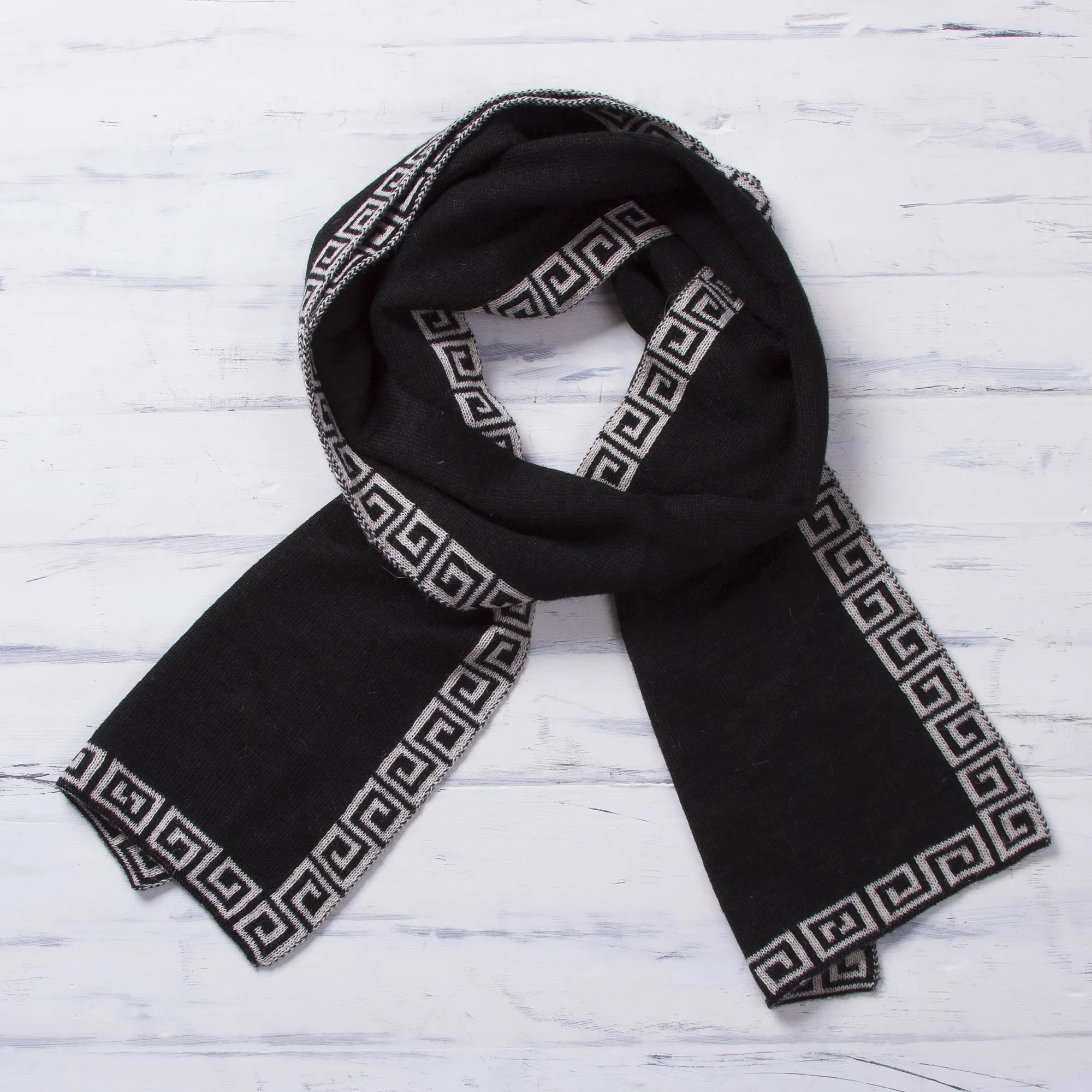 Reversible Ivory and Black Alpaca Blend Knit Scarf from Peru - Incan Inspiration | NOVICA