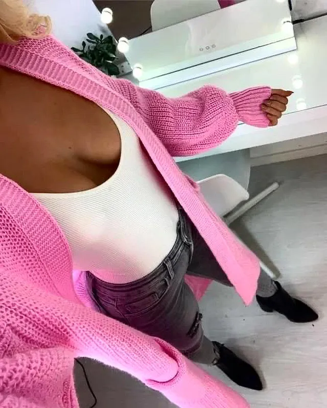 ‘Riley' Bubblegum Pink Longline Ballon-Sleeve Knitted Cardigan