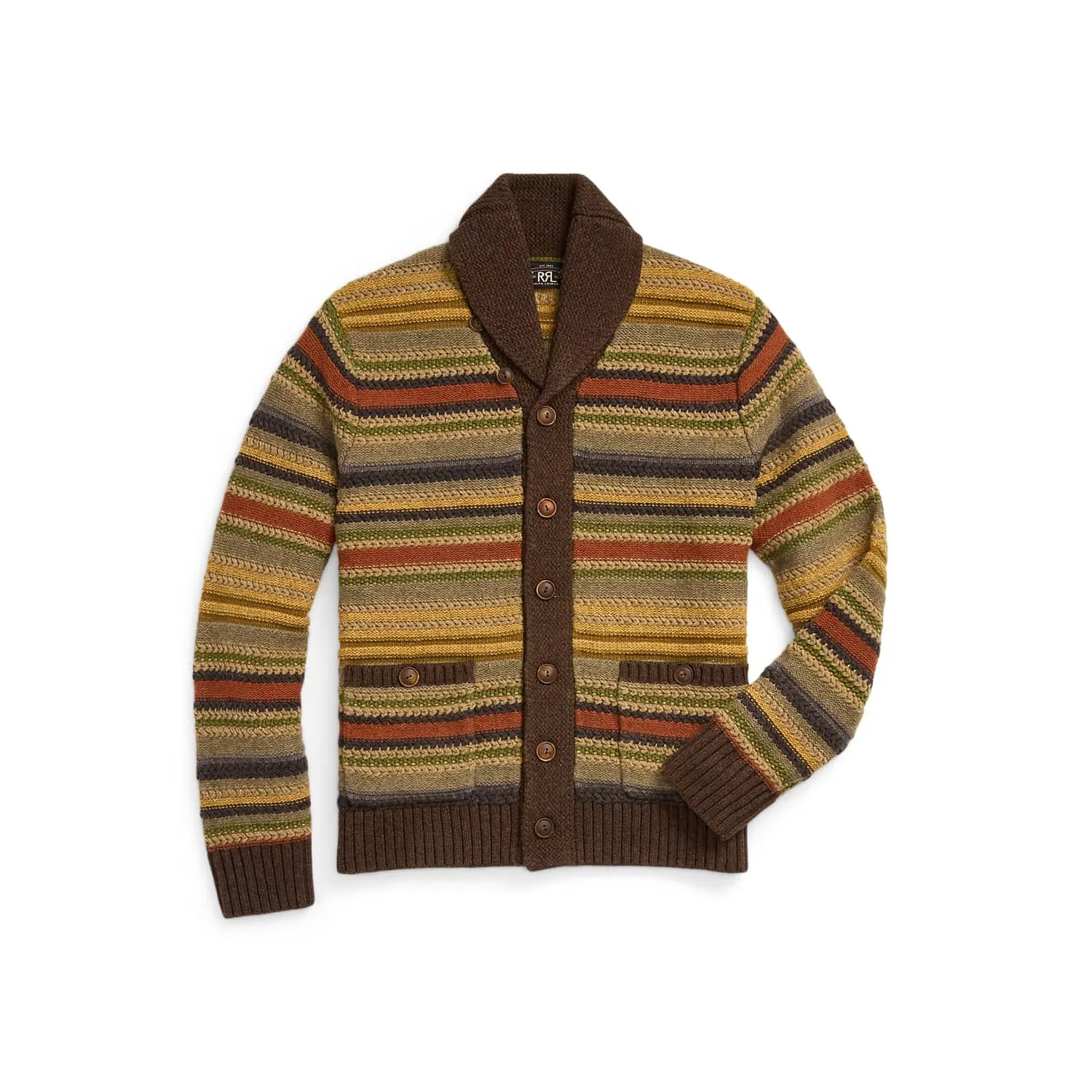 RRL Striped Wool Shawl-Collar Cardigan Brown Multi