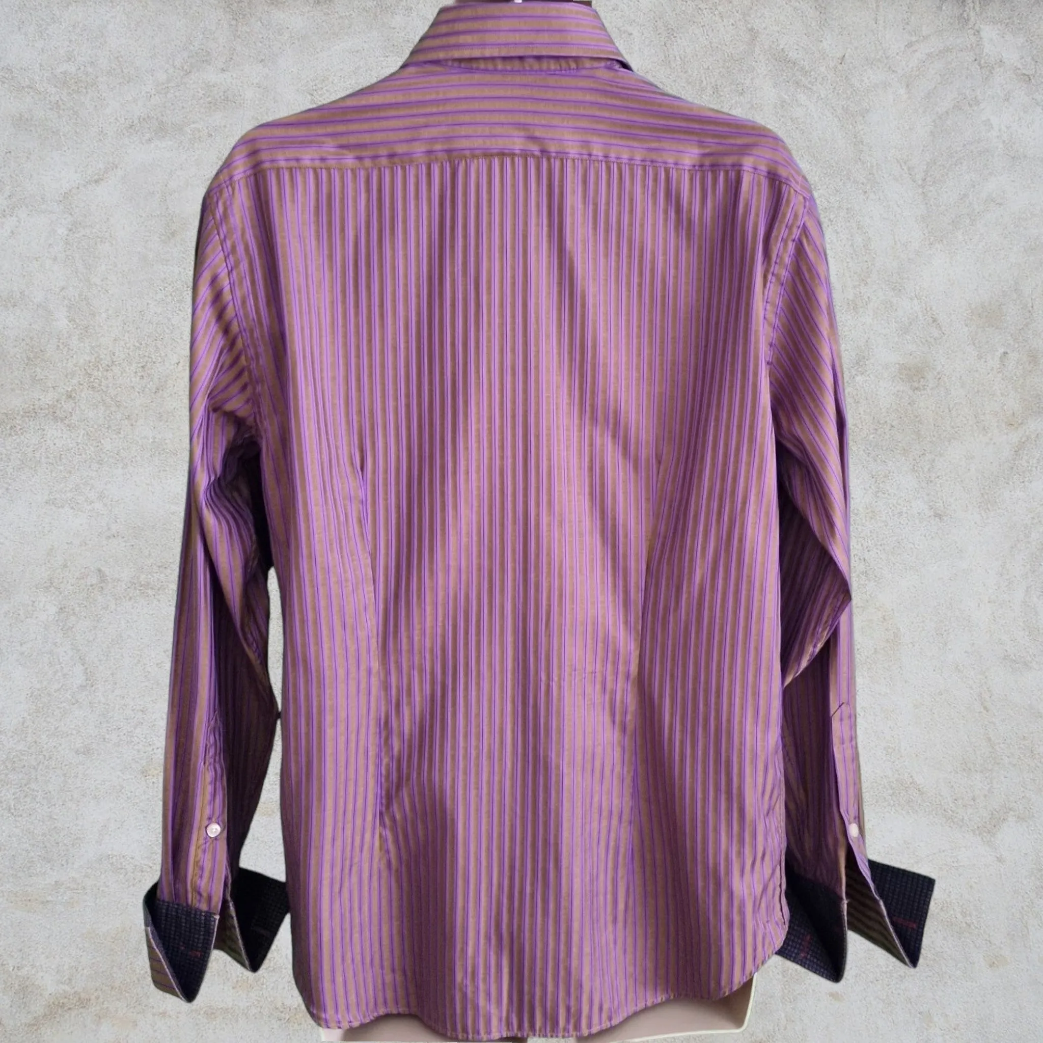 Rufus Men's Brown/Gold with Lilac stripes Long Sleeve Button Front Shirt Contrasting Flip Cuff. Size M