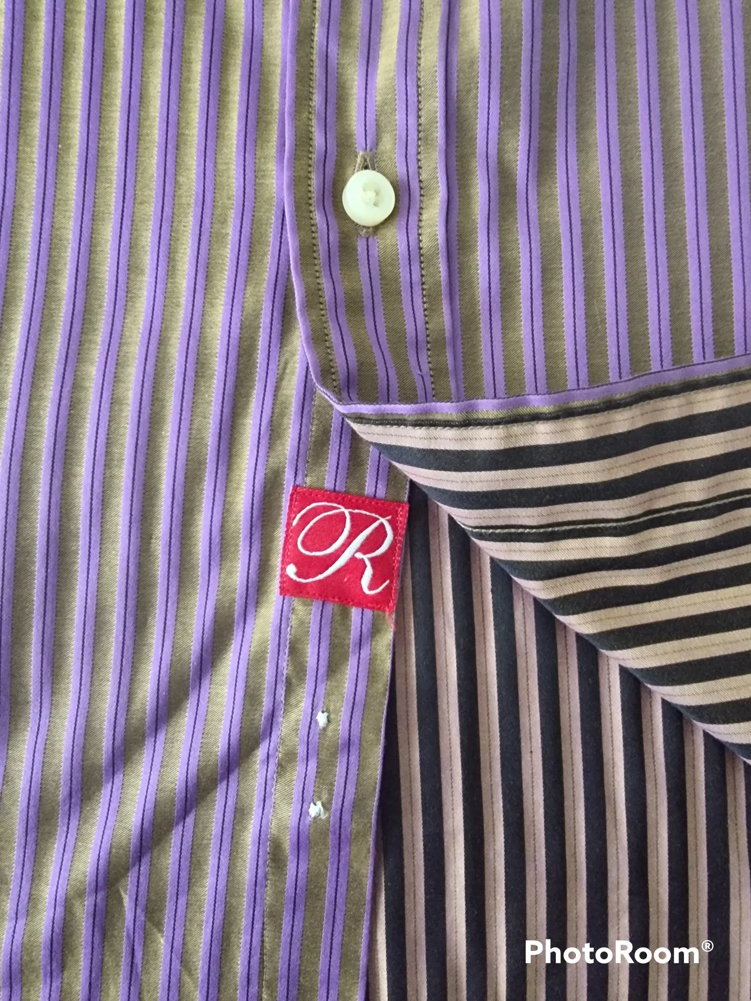 Rufus Men's Brown/Gold with Lilac stripes Long Sleeve Button Front Shirt Contrasting Flip Cuff. Size M