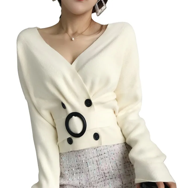 Sexy V-neck Women Knit Sweater Cardigan Autumn Cardigan Long Sleeve Tunic Double Breasted Female Top Casual Korean Sweater