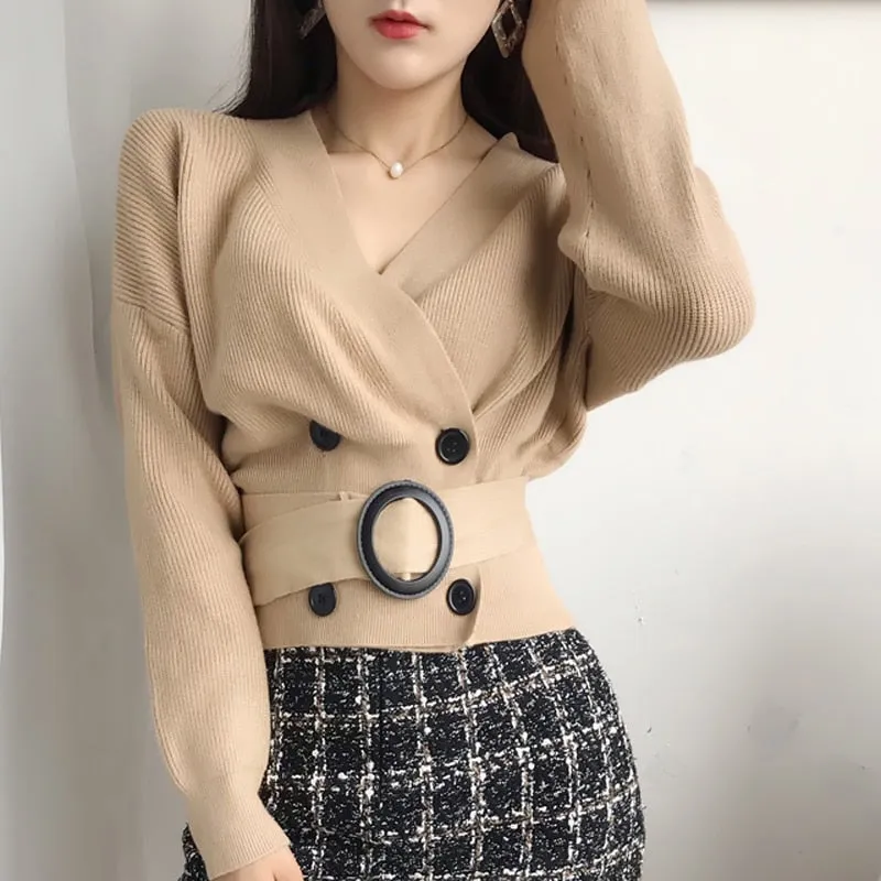 Sexy V-neck Women Knit Sweater Cardigan Autumn Cardigan Long Sleeve Tunic Double Breasted Female Top Casual Korean Sweater