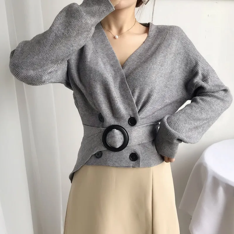 Sexy V-neck Women Knit Sweater Cardigan Autumn Cardigan Long Sleeve Tunic Double Breasted Female Top Casual Korean Sweater