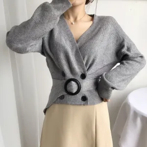 Sexy V-neck Women Knit Sweater Cardigan Autumn Cardigan Long Sleeve Tunic Double Breasted Female Top Casual Korean Sweater