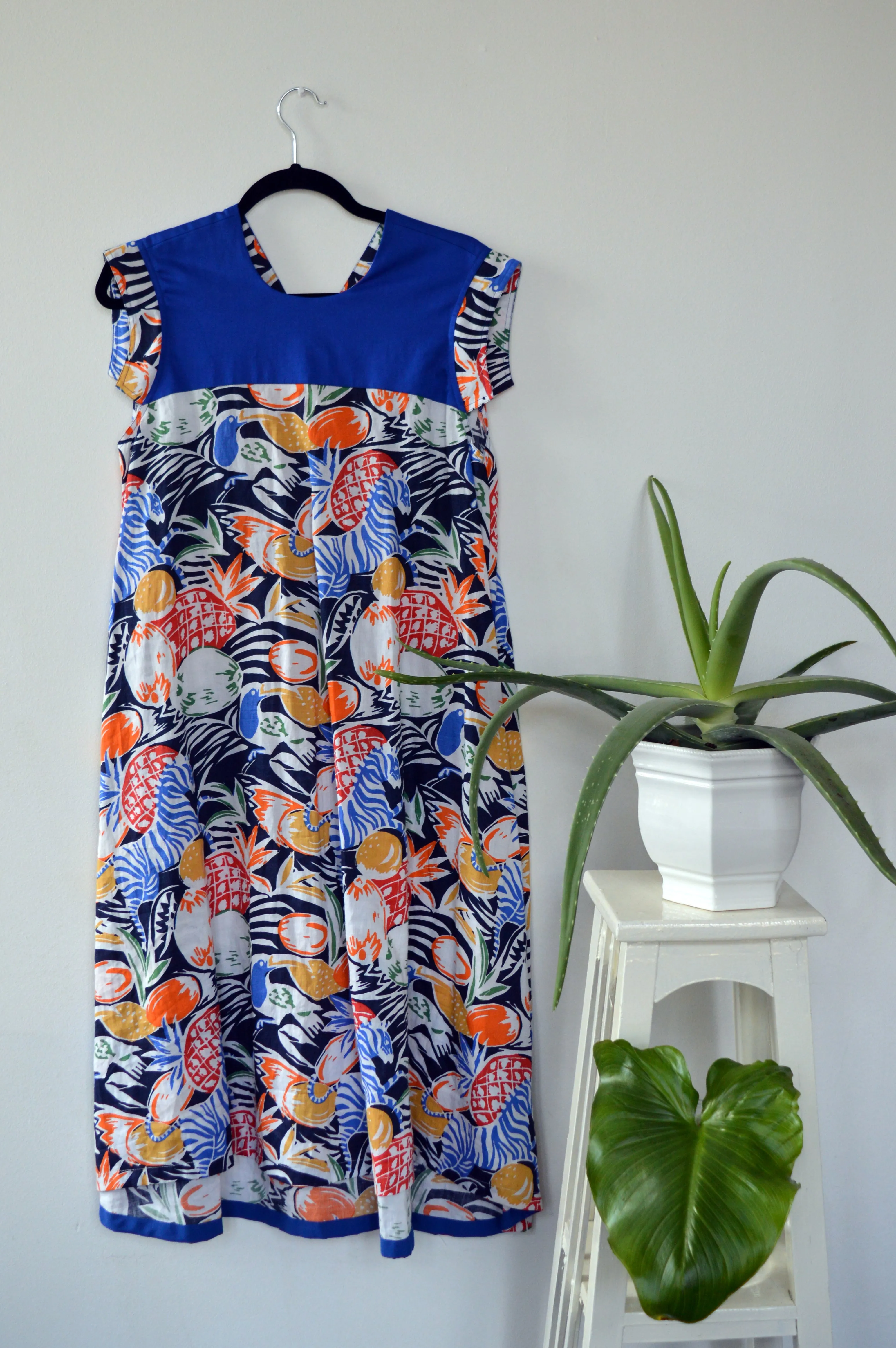 Short Sleeve Jungle Print Summer Linen Dress with Indigo Details