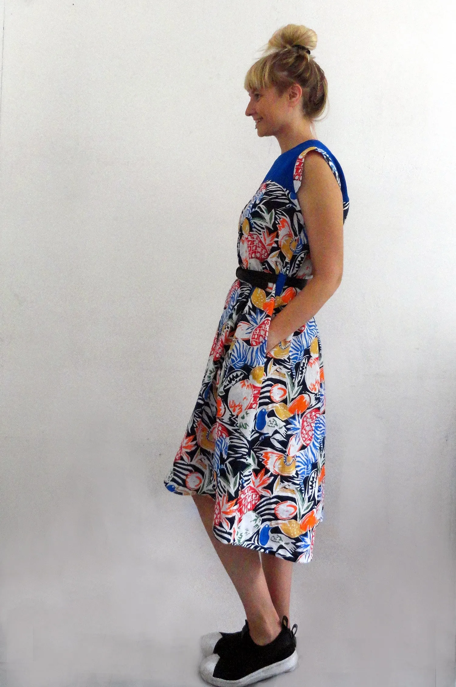 Short Sleeve Jungle Print Summer Linen Dress with Indigo Details