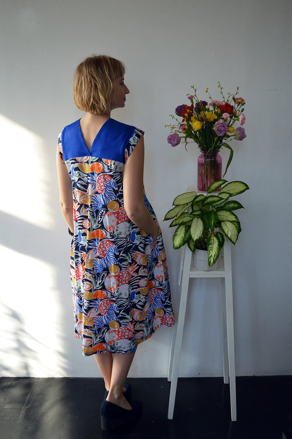 Short Sleeve Jungle Print Summer Linen Dress with Indigo Details