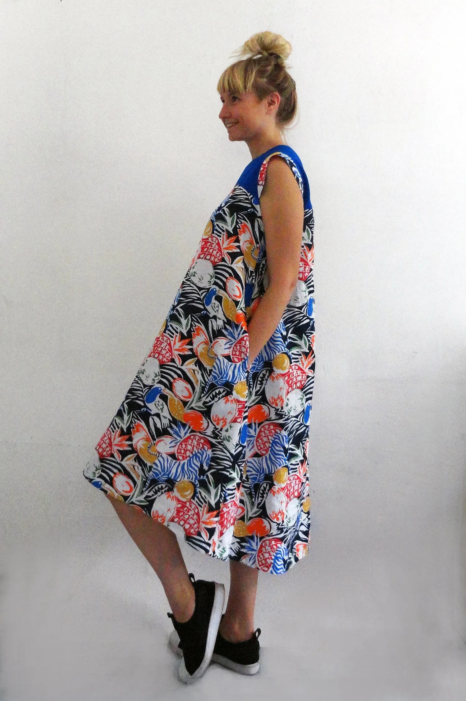 Short Sleeve Jungle Print Summer Linen Dress with Indigo Details