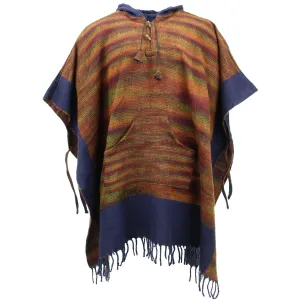 Soft Vegan Wool Hooded Tibet Poncho - Sunset & Navy