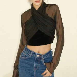 Solid Crisscross Patchwork Folds Sheer Sexy T Shirts For Women V Neck Long Sleeve Slimming T Shirt Female Fashion