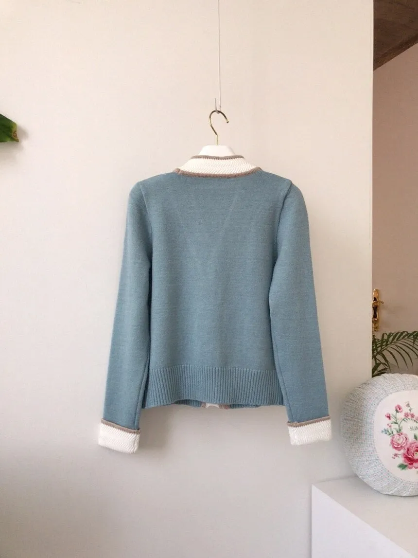 South Korea Chic Brim Contrast Color Sweet Knitted Cardigan