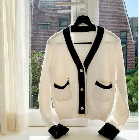 South Korea Chic Brim Contrast Color Sweet Knitted Cardigan