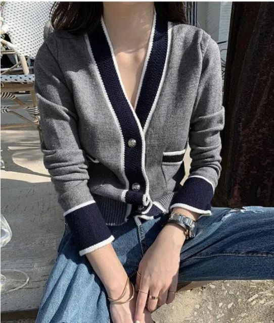 South Korea Chic Brim Contrast Color Sweet Knitted Cardigan