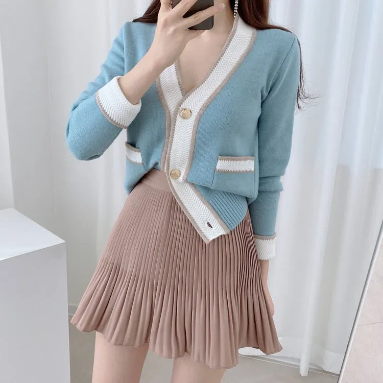 South Korea Chic Brim Contrast Color Sweet Knitted Cardigan