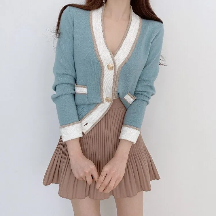 South Korea Chic Brim Contrast Color Sweet Knitted Cardigan