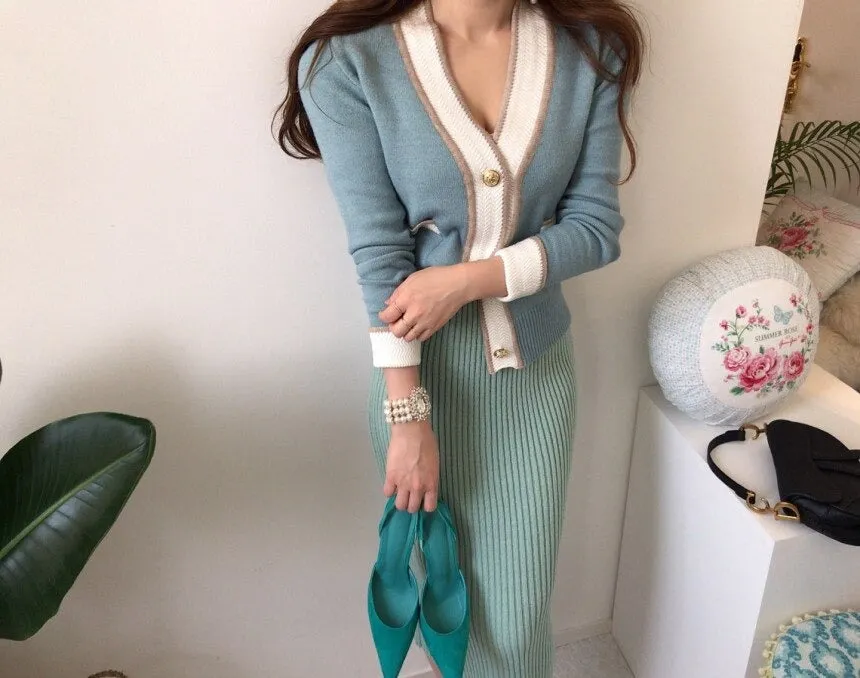 South Korea Chic Brim Contrast Color Sweet Knitted Cardigan