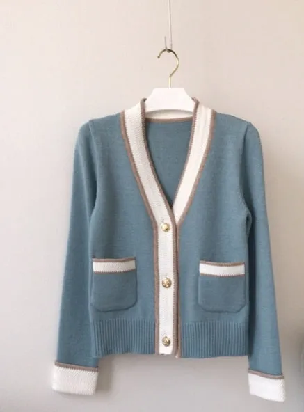 South Korea Chic Brim Contrast Color Sweet Knitted Cardigan