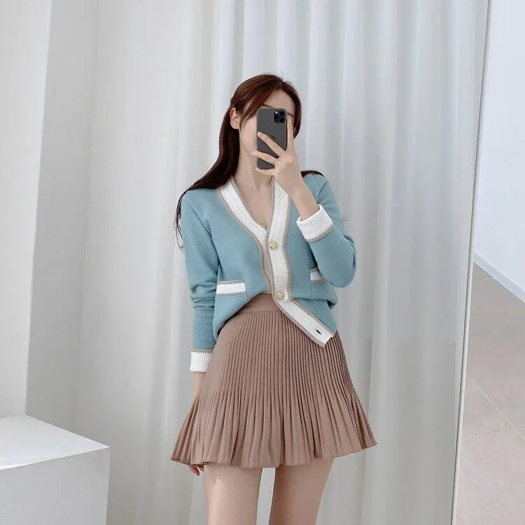 South Korea Chic Brim Contrast Color Sweet Knitted Cardigan