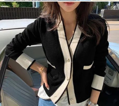 South Korea Chic Brim Contrast Color Sweet Knitted Cardigan