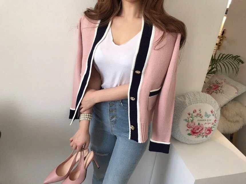 South Korea Chic Brim Contrast Color Sweet Knitted Cardigan