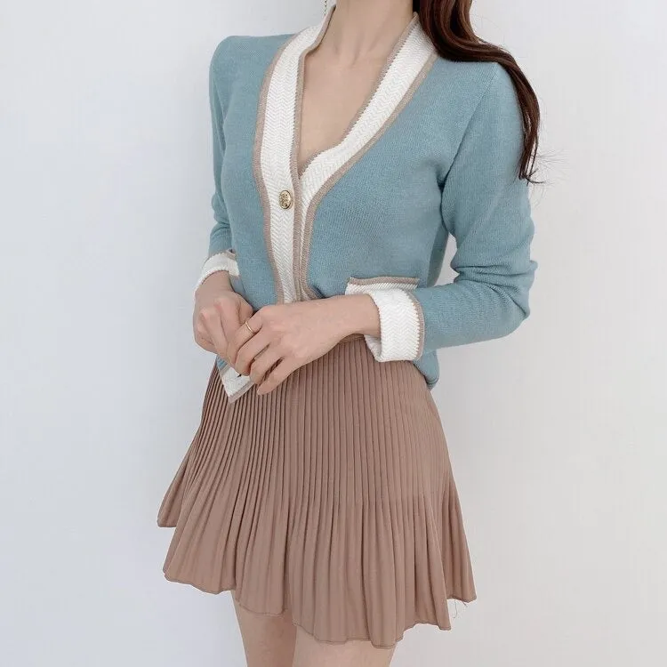 South Korea Chic Brim Contrast Color Sweet Knitted Cardigan