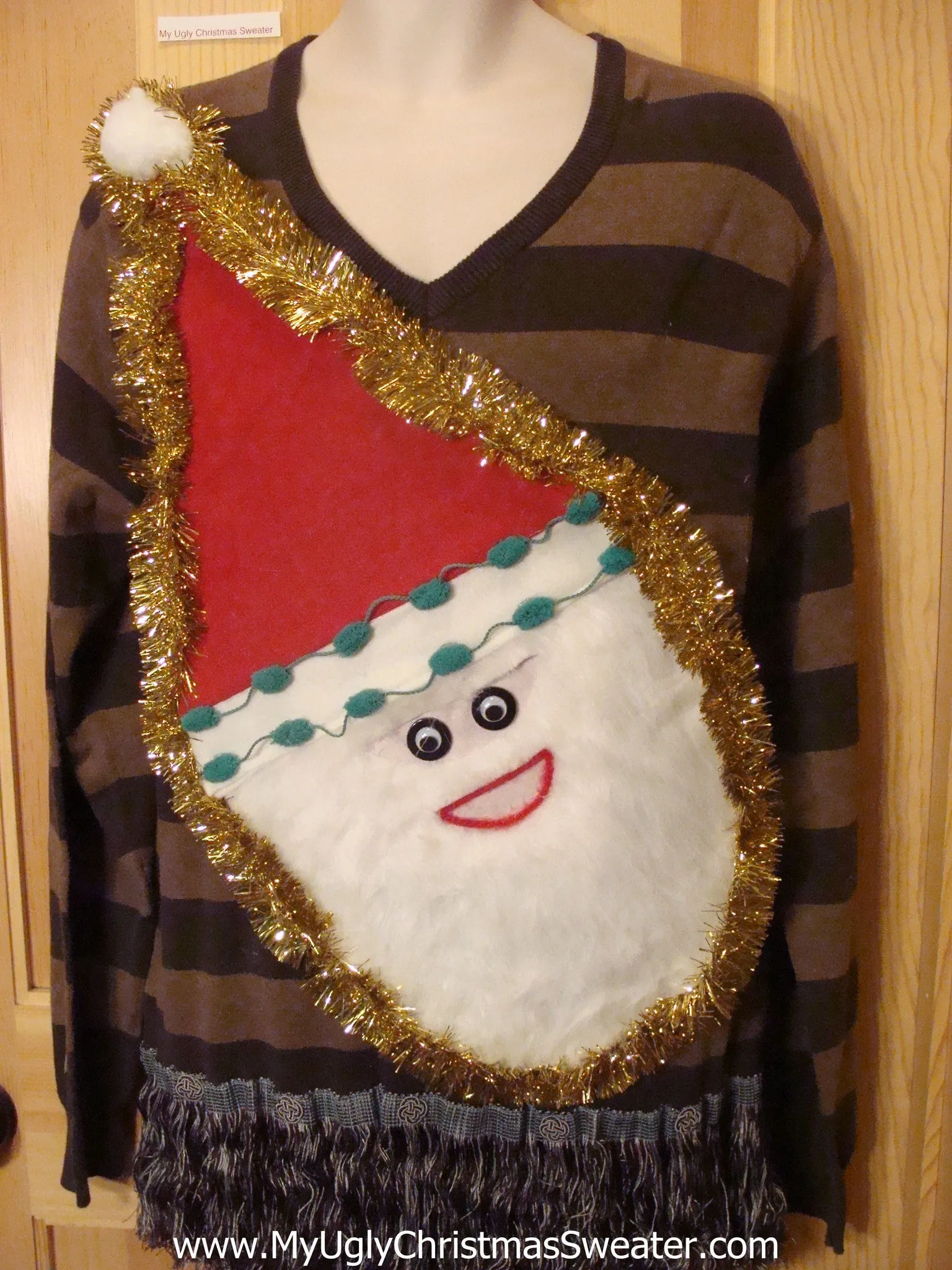 Striped Mens Wacky Santa Ugly Christmas Sweater with Fringe