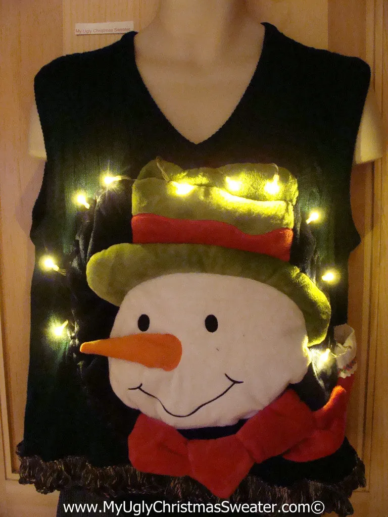 Tacky 3D Ugly Christmas Sweater Vest Mens Puffy Frosty with Lights and Fringe (A59)