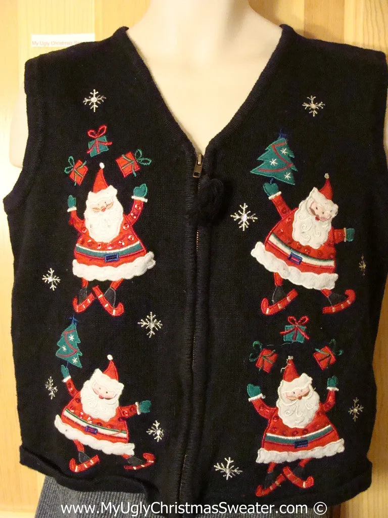 Tacky Christmas Sweater Party Ugly Sweater Vest with Festive Skiing Santas Jumping for Joy and Juggling Gifts (f918)