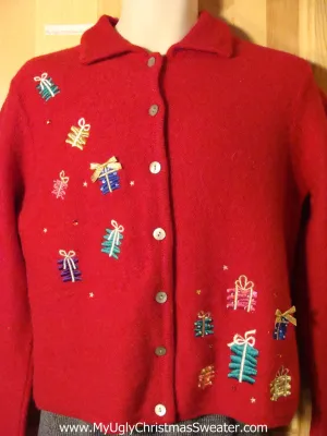 Tacky Red Ugly Christmas Sweater with Floating Gifts (f744)